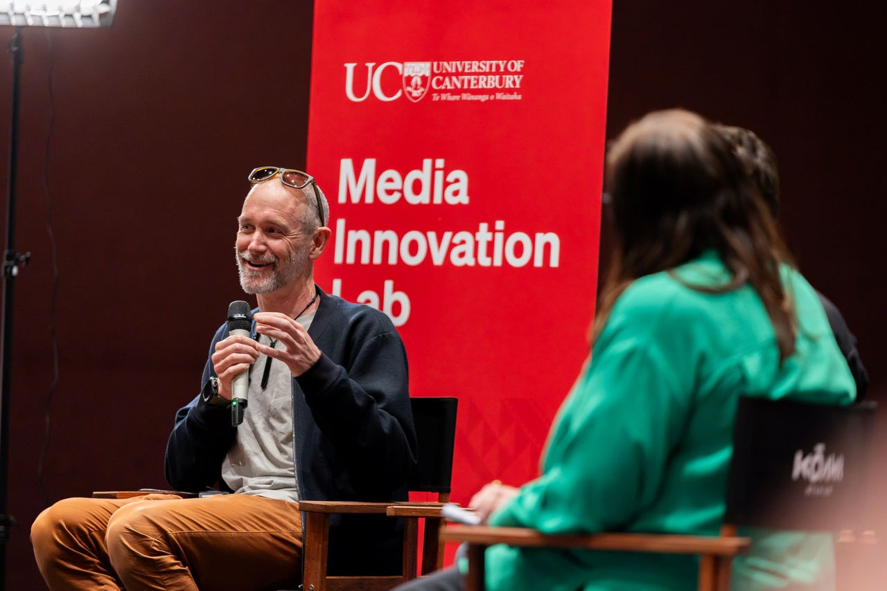 Author Nic Low speaking at the University of Canterbury Media Innovation Lab launch.