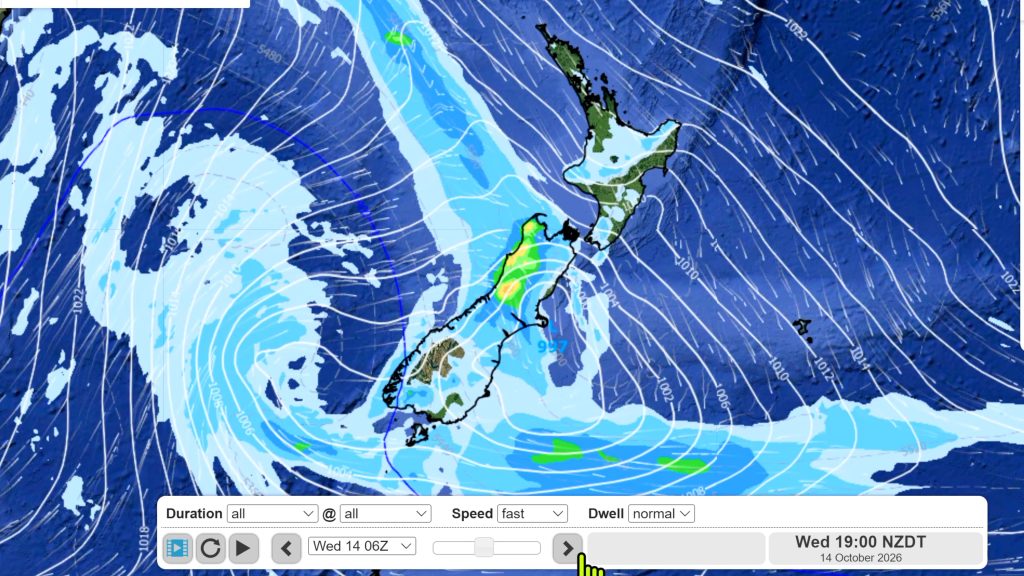 WeatherWatch image for a late-week wintry change across New Zealand.
