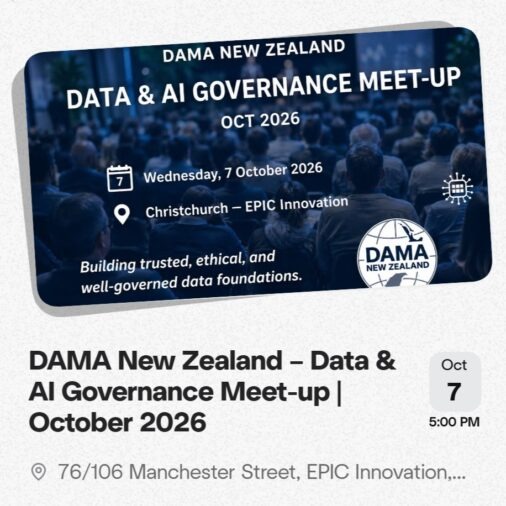 DAMA New Zealand Data and AI Governance meet-up event artwork.