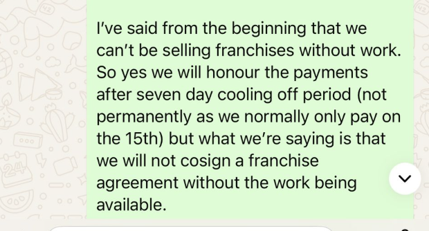 Candoo: won't cosign a franchise agreement without the work being available.