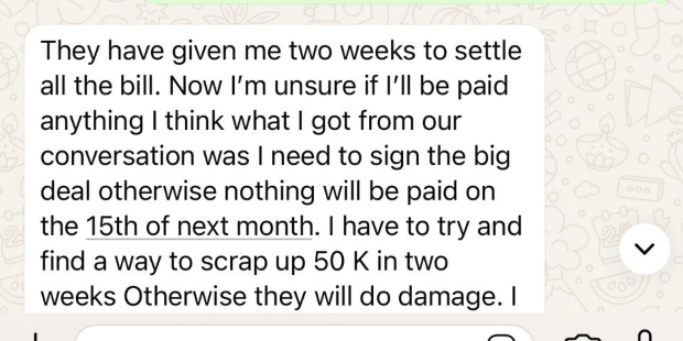 Lex: two weeks to settle the bill, scrambling to find $50K.